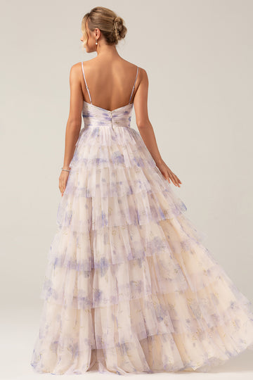 Lavender Flower Princess Spaghetti Straps Tiered Prom Dress